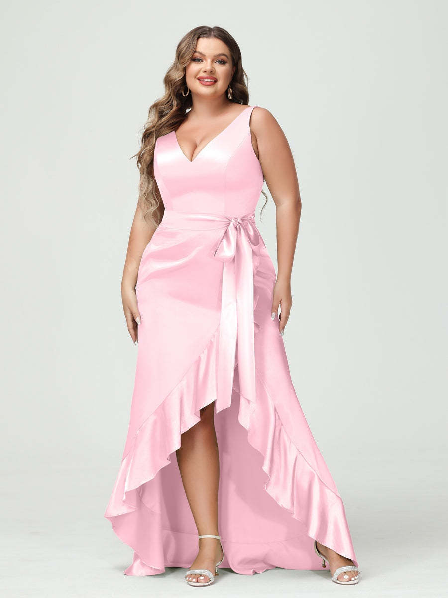 V-Neck Sleeveless High Low Plus Size Dress with Ruffles, Pockets, and Sash