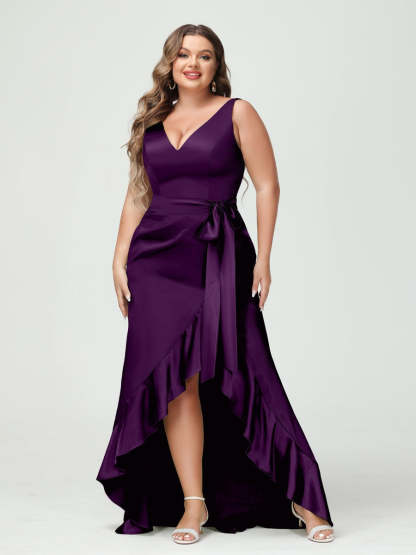 V-Neck Sleeveless High Low Plus Size Dress with Ruffles, Pockets, and Sash