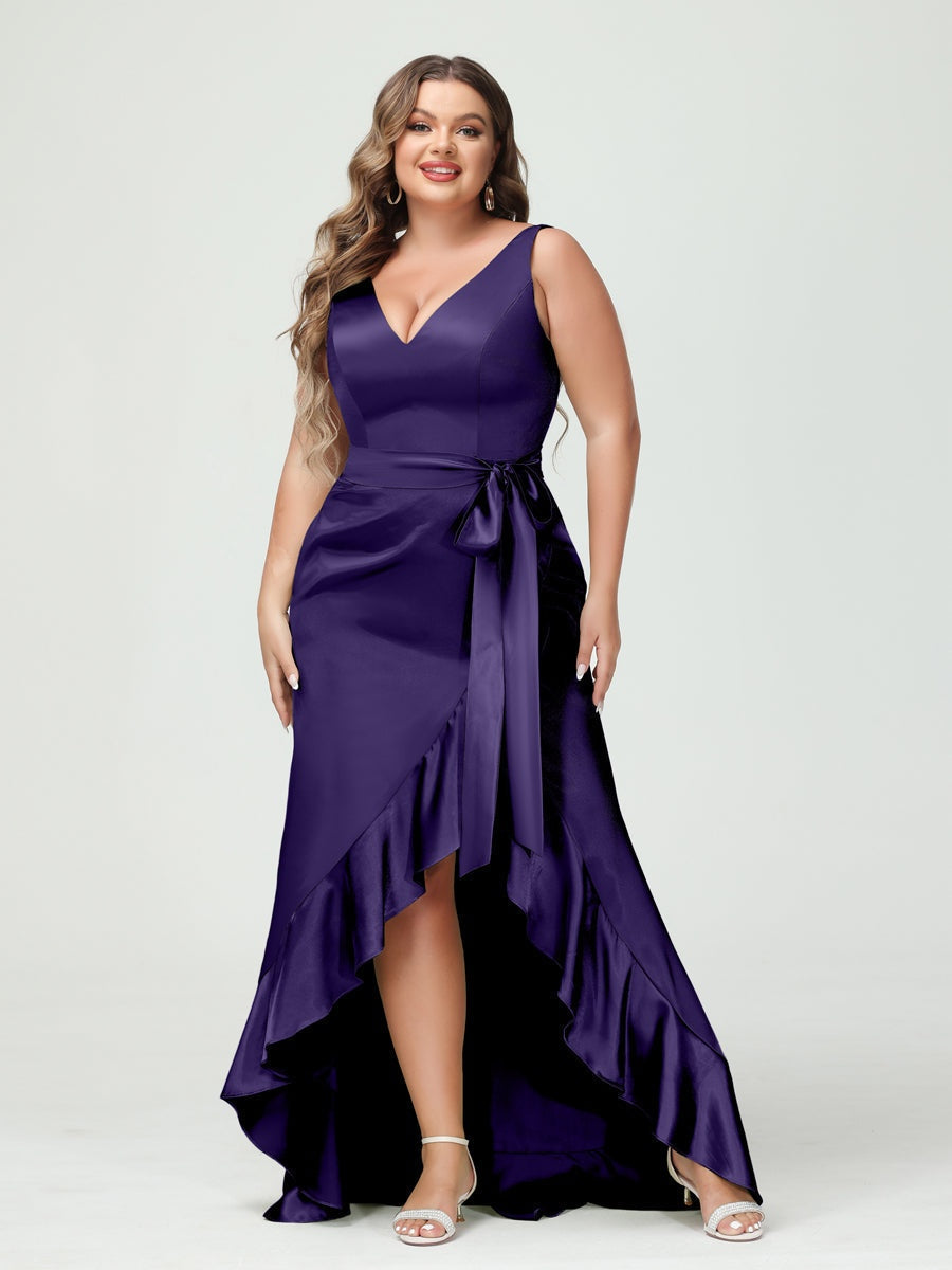 V-Neck Sleeveless High Low Plus Size Dress with Ruffles, Pockets, and Sash
