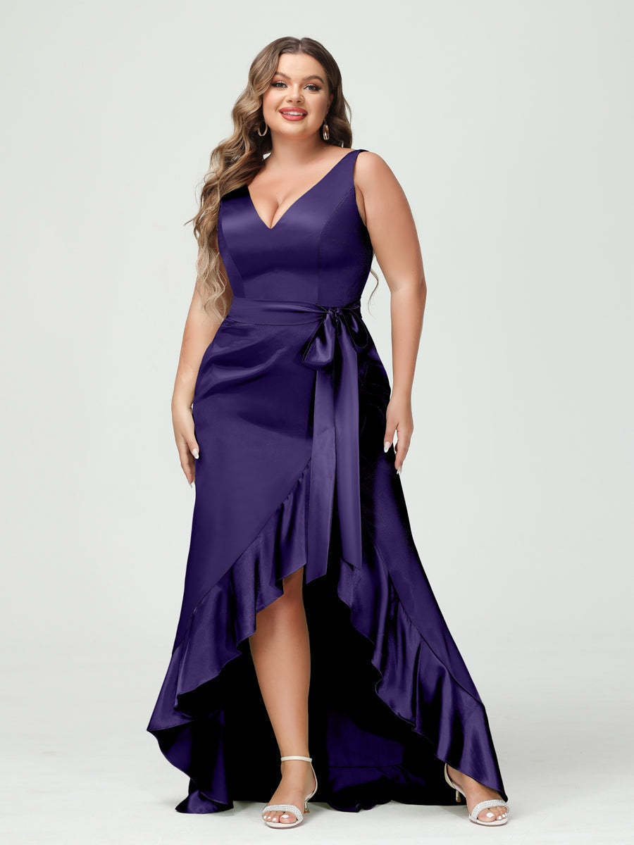 V-Neck Sleeveless High Low Plus Size Dress with Ruffles, Pockets, and Sash