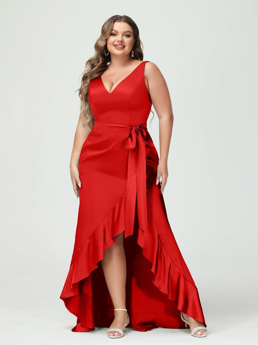 V-Neck Sleeveless High Low Plus Size Dress with Ruffles, Pockets, and Sash