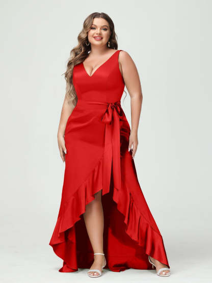 V-Neck Sleeveless High Low Plus Size Dress with Ruffles, Pockets, and Sash