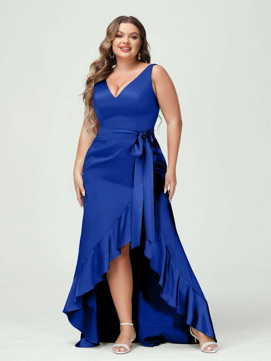 V-Neck Sleeveless High Low Plus Size Dress with Ruffles, Pockets, and Sash