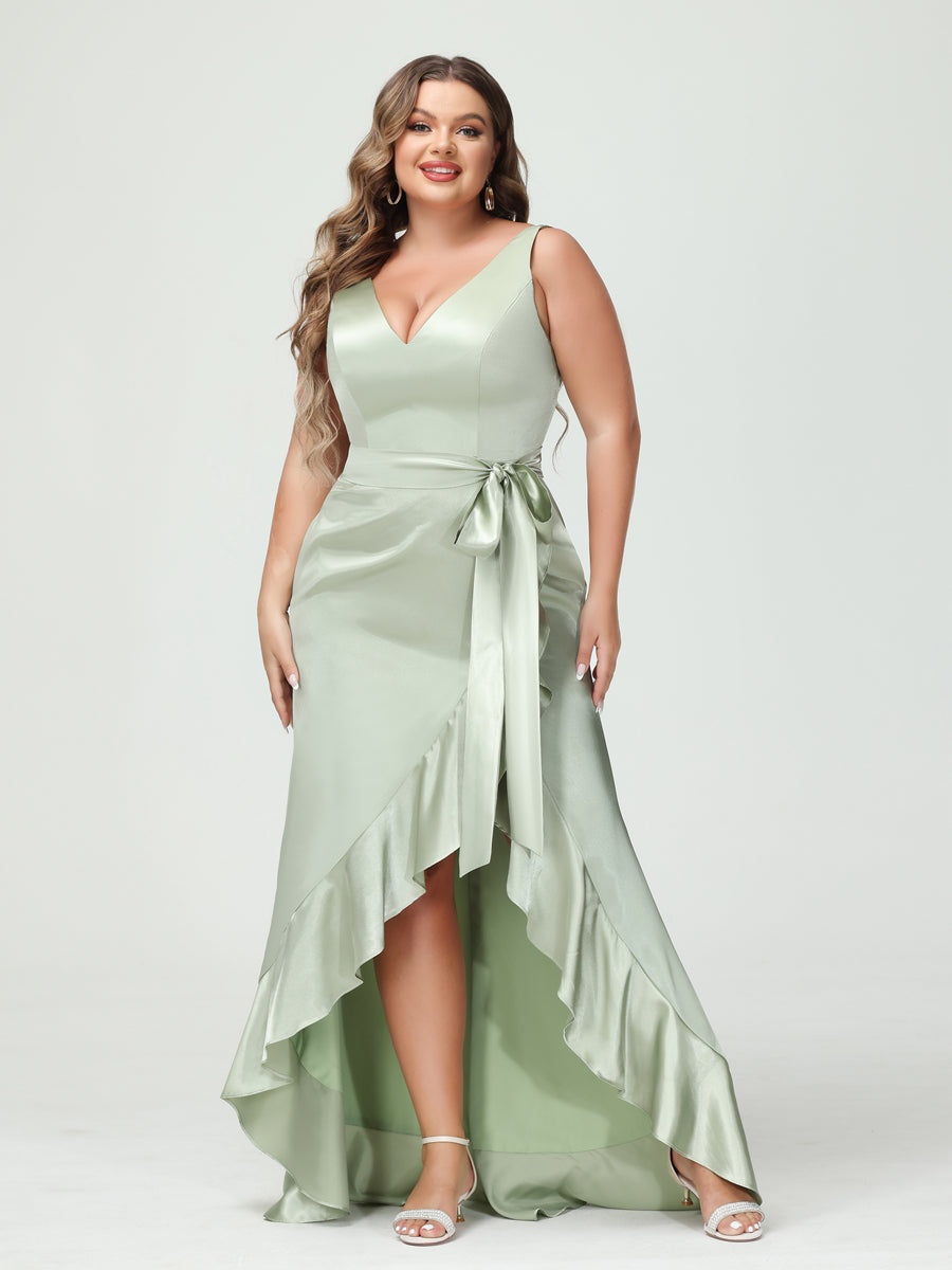 V-Neck Sleeveless High Low Plus Size Dress with Ruffles, Pockets, and Sash