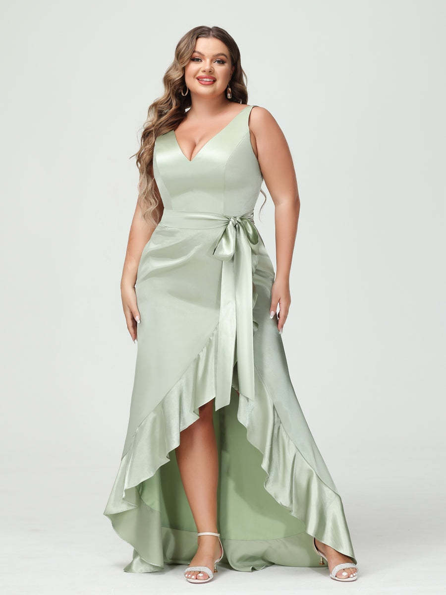 V-Neck Sleeveless High Low Plus Size Dress with Ruffles, Pockets, and Sash
