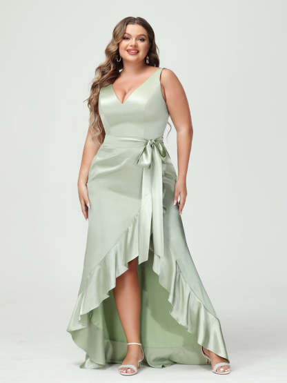V-Neck Sleeveless High Low Plus Size Dress with Ruffles, Pockets, and Sash