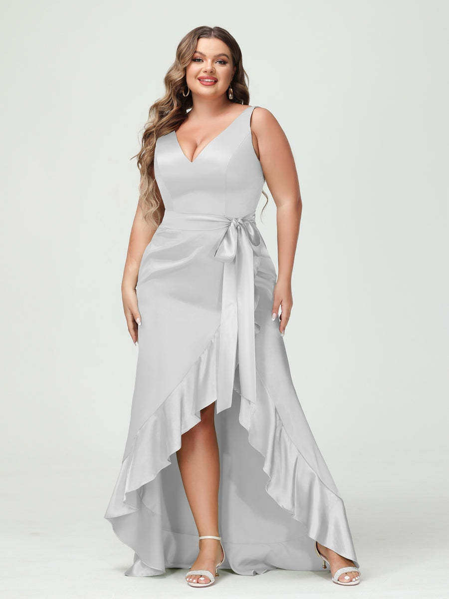 V-Neck Sleeveless High Low Plus Size Dress with Ruffles, Pockets, and Sash