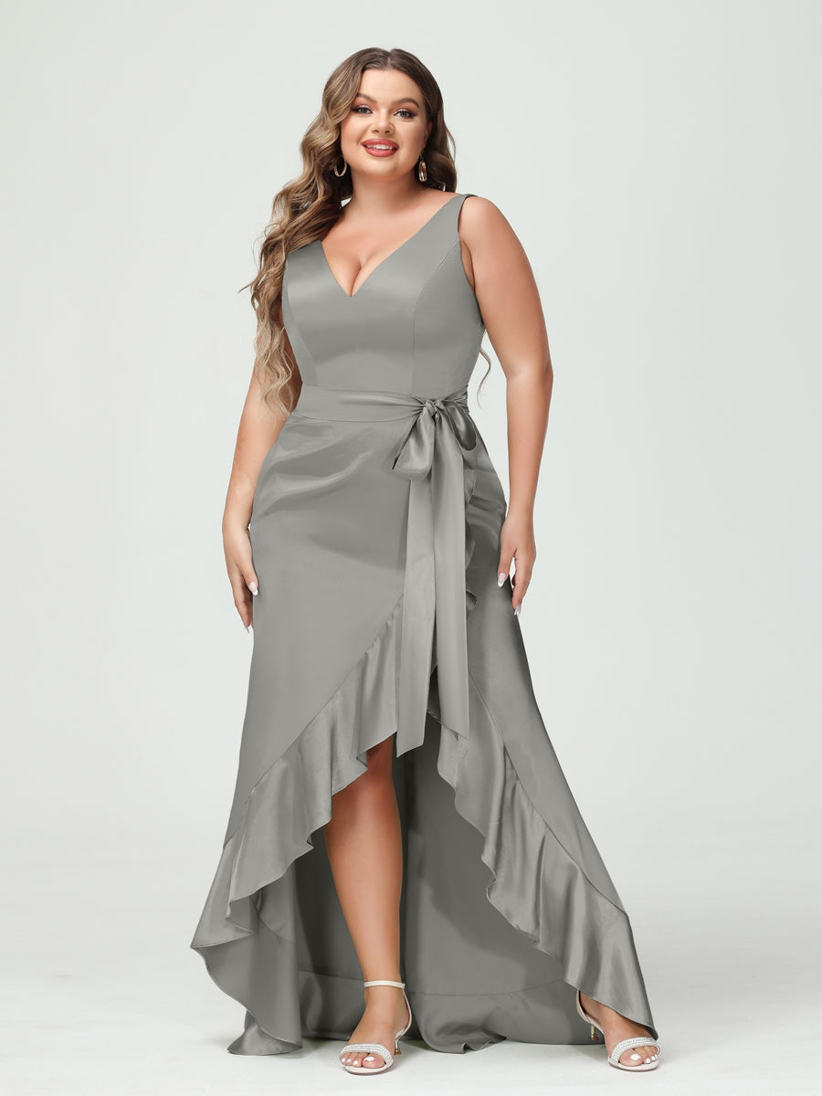 V-Neck Sleeveless High Low Plus Size Dress with Ruffles, Pockets, and Sash