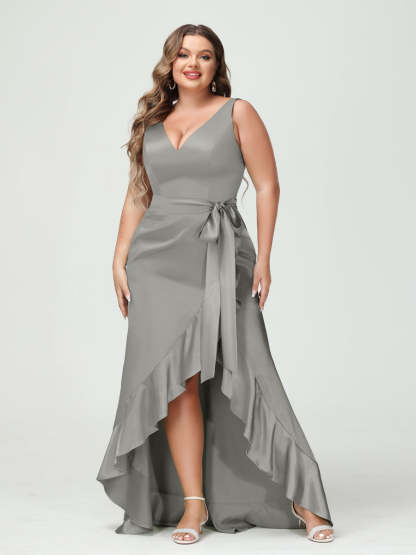 V-Neck Sleeveless High Low Plus Size Dress with Ruffles, Pockets, and Sash