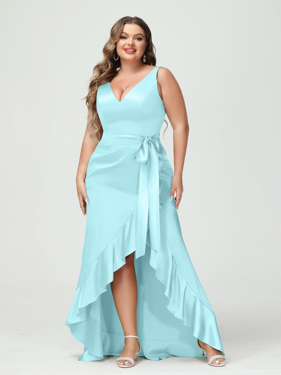 V-Neck Sleeveless High Low Plus Size Dress with Ruffles, Pockets, and Sash