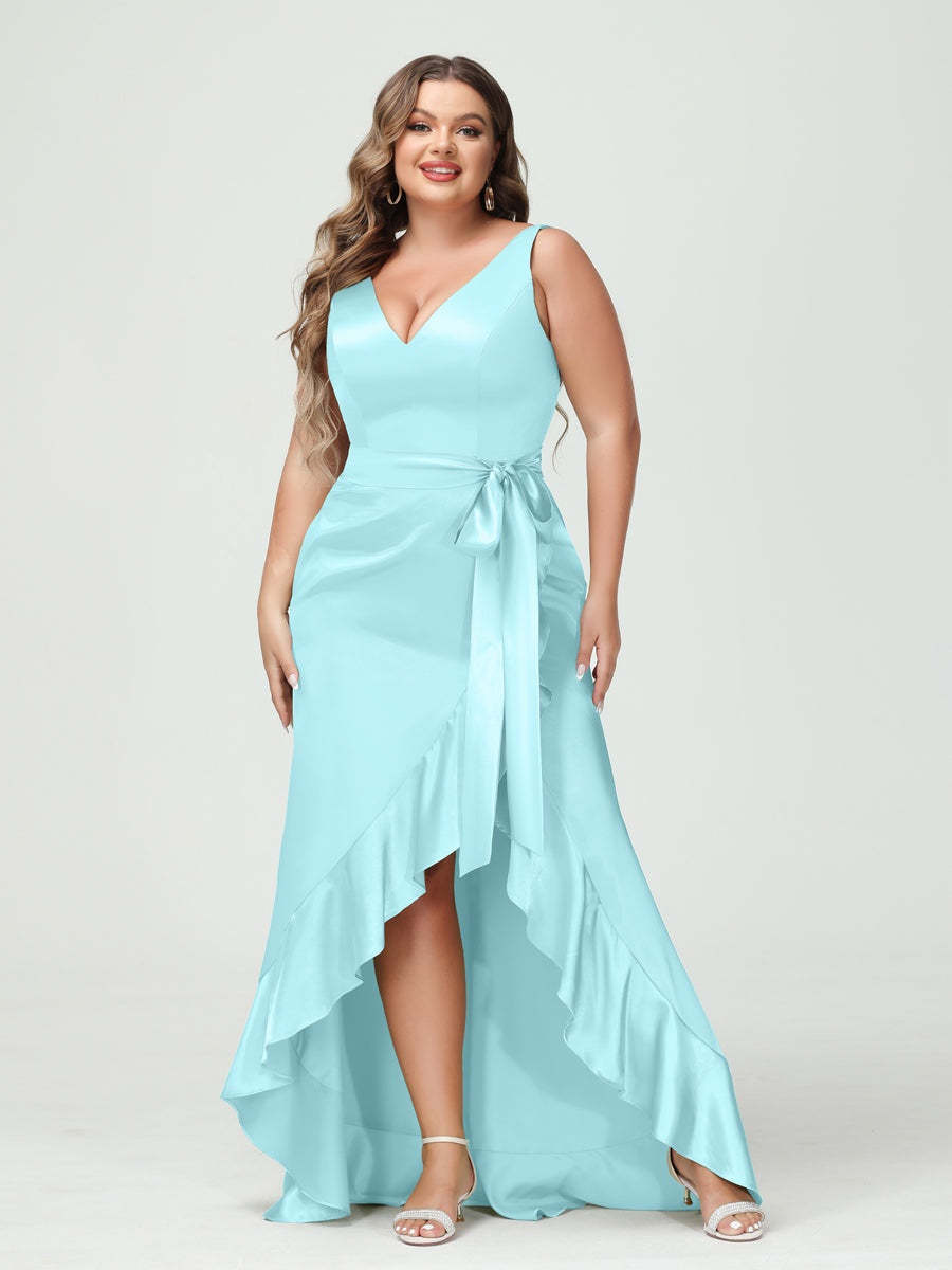 V-Neck Sleeveless High Low Plus Size Dress with Ruffles, Pockets, and Sash