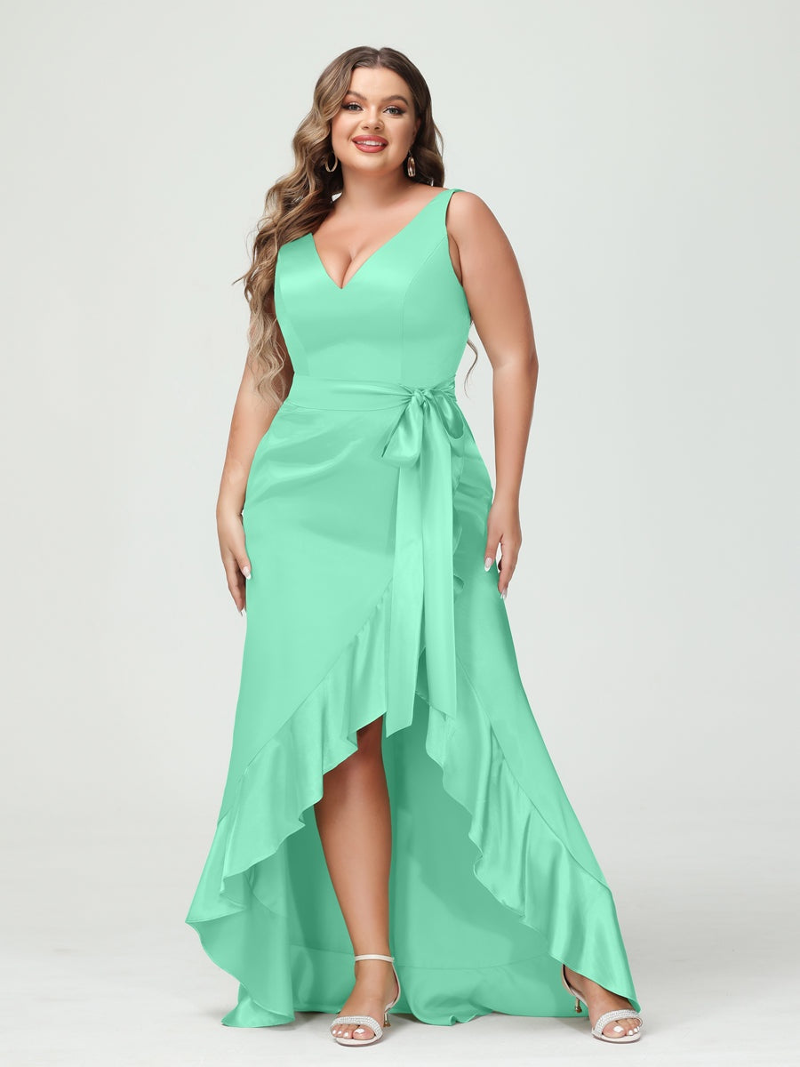 V-Neck Sleeveless High Low Plus Size Dress with Ruffles, Pockets, and Sash