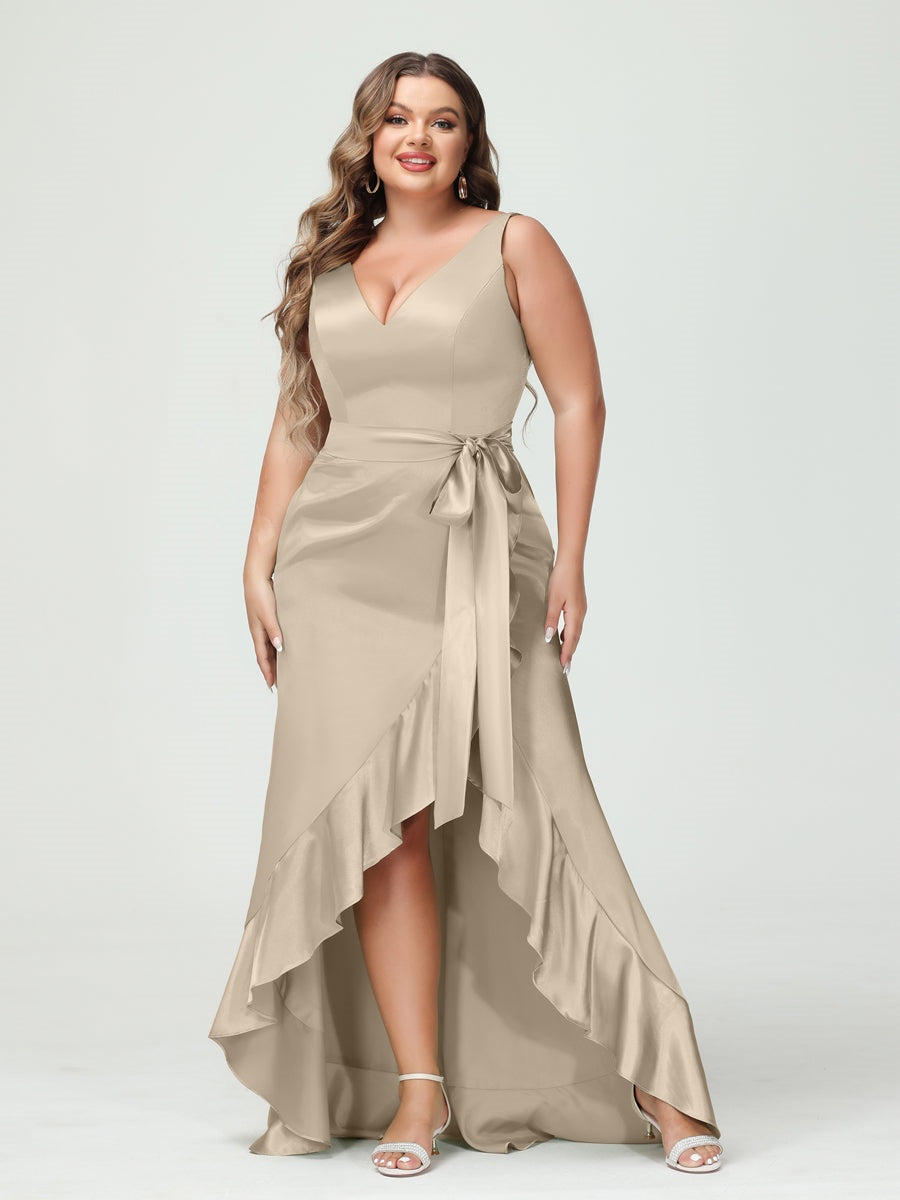 V-Neck Sleeveless High Low Plus Size Dress with Ruffles, Pockets, and Sash