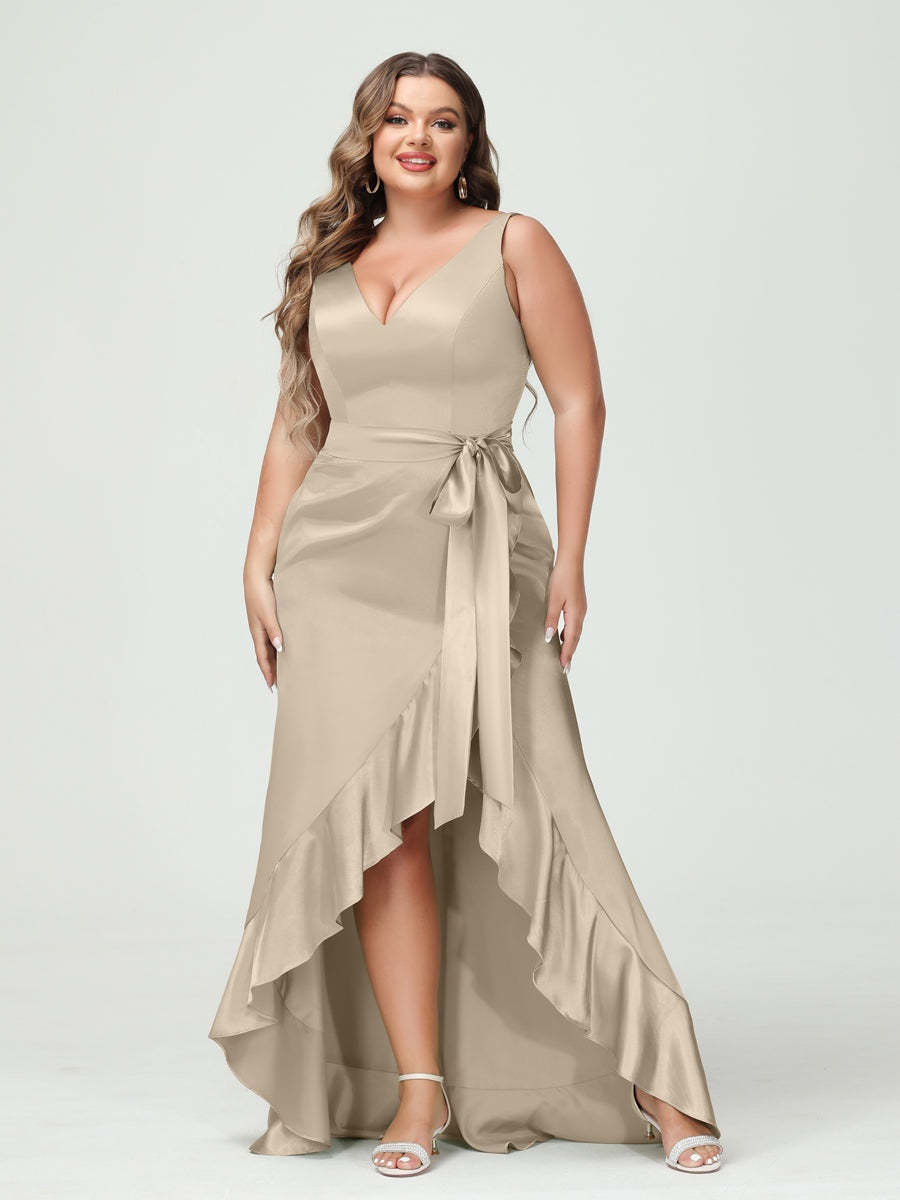 V-Neck Sleeveless High Low Plus Size Dress with Ruffles, Pockets, and Sash