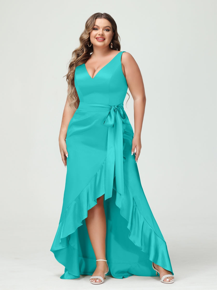 V-Neck Sleeveless High Low Plus Size Dress with Ruffles, Pockets, and Sash