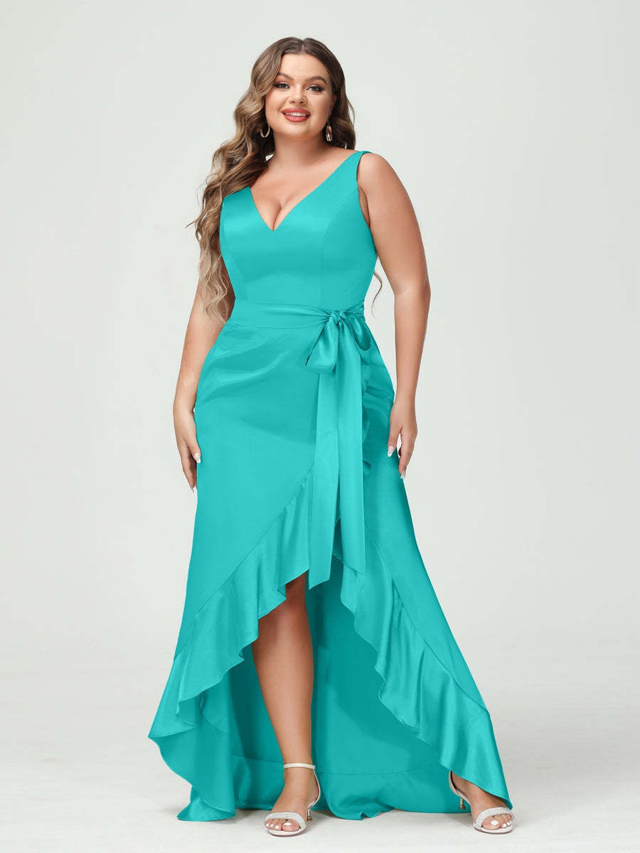 V-Neck Sleeveless High Low Plus Size Dress with Ruffles, Pockets, and Sash