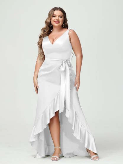 V-Neck Sleeveless High Low Plus Size Dress with Ruffles, Pockets, and Sash
