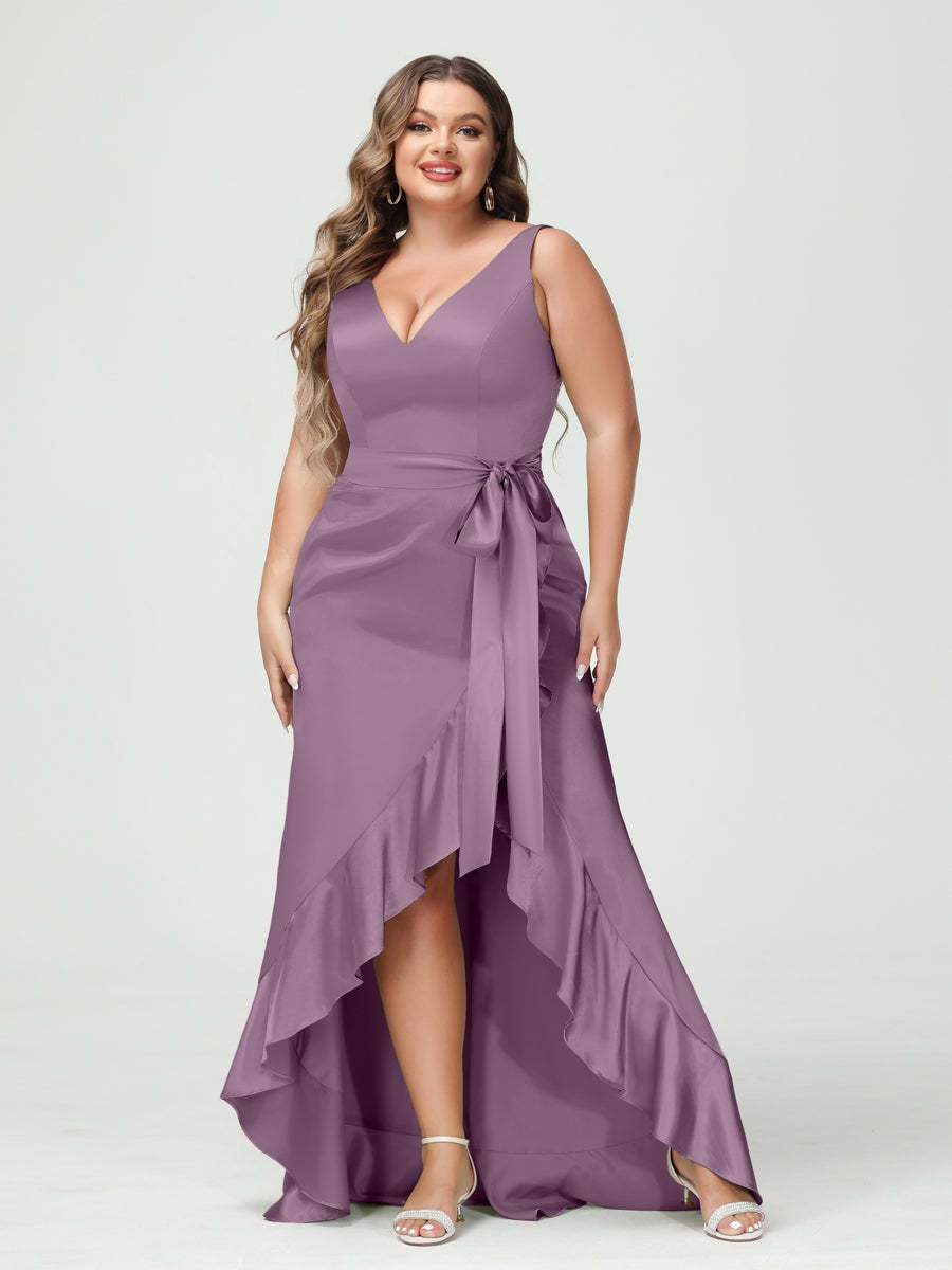 V-Neck Sleeveless High Low Plus Size Dress with Ruffles, Pockets, and Sash