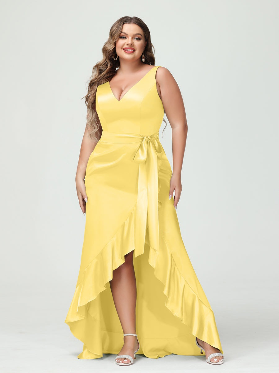 V-Neck Sleeveless High Low Plus Size Dress with Ruffles, Pockets, and Sash