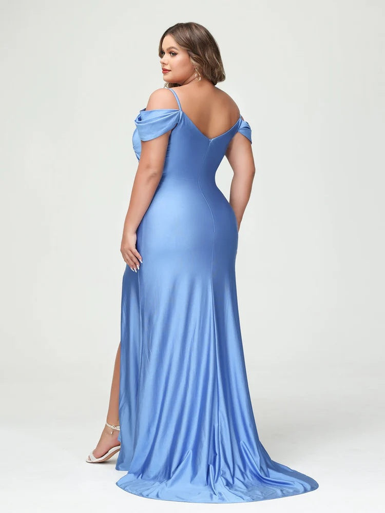 Plus Size V-Neck Mermaid Maxi Dress with Spaghetti Straps and Side Split