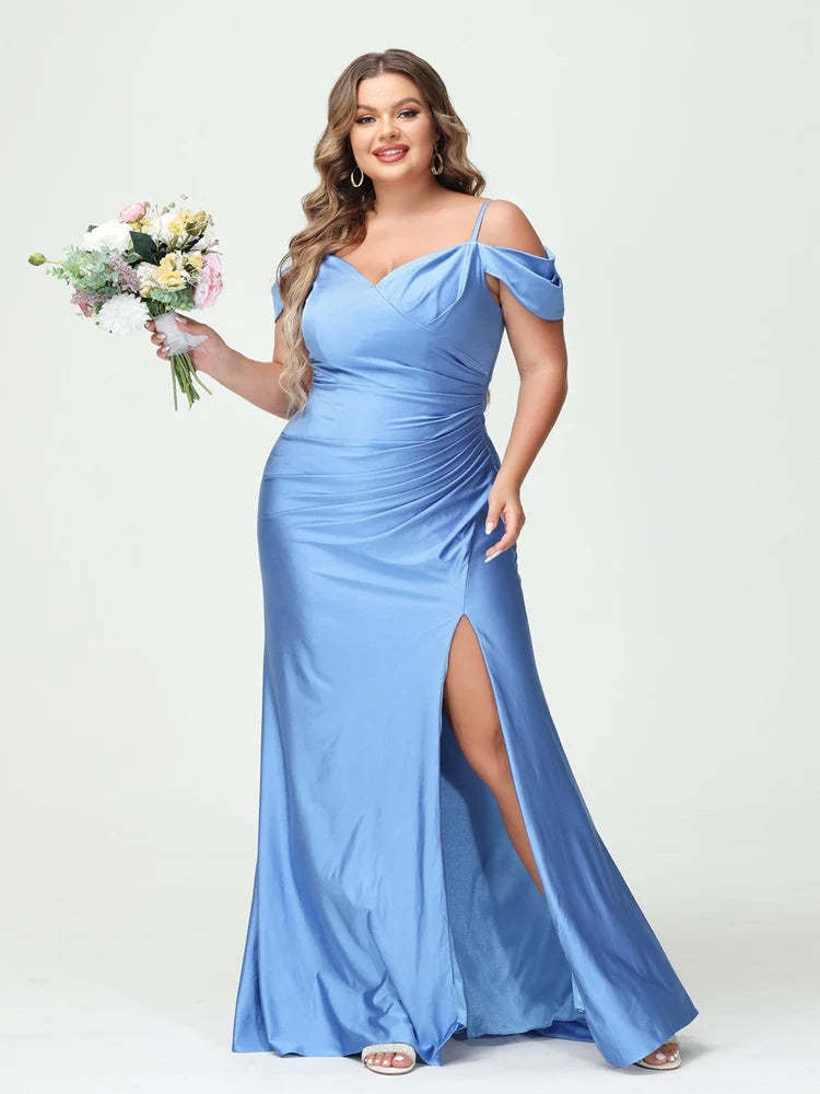 Plus Size V-Neck Mermaid Maxi Dress with Spaghetti Straps and Side Split