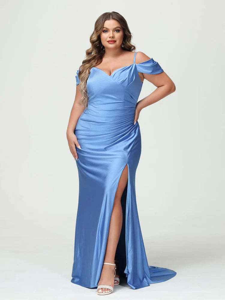 Plus Size V-Neck Mermaid Maxi Dress with Spaghetti Straps and Side Split