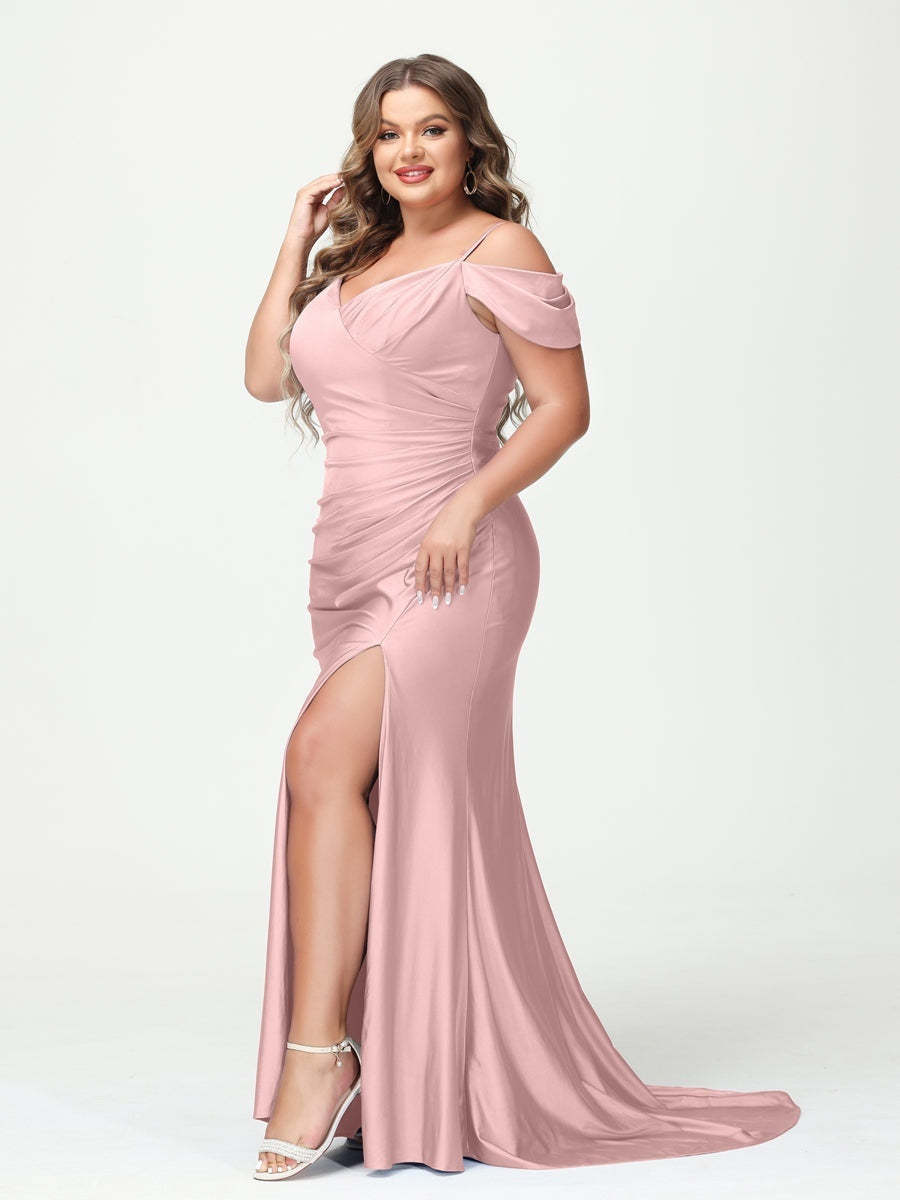 Plus Size V-Neck Mermaid Maxi Dress with Spaghetti Straps and Side Split