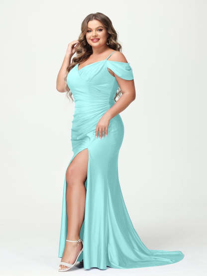 Plus Size V-Neck Mermaid Maxi Dress with Spaghetti Straps and Side Split