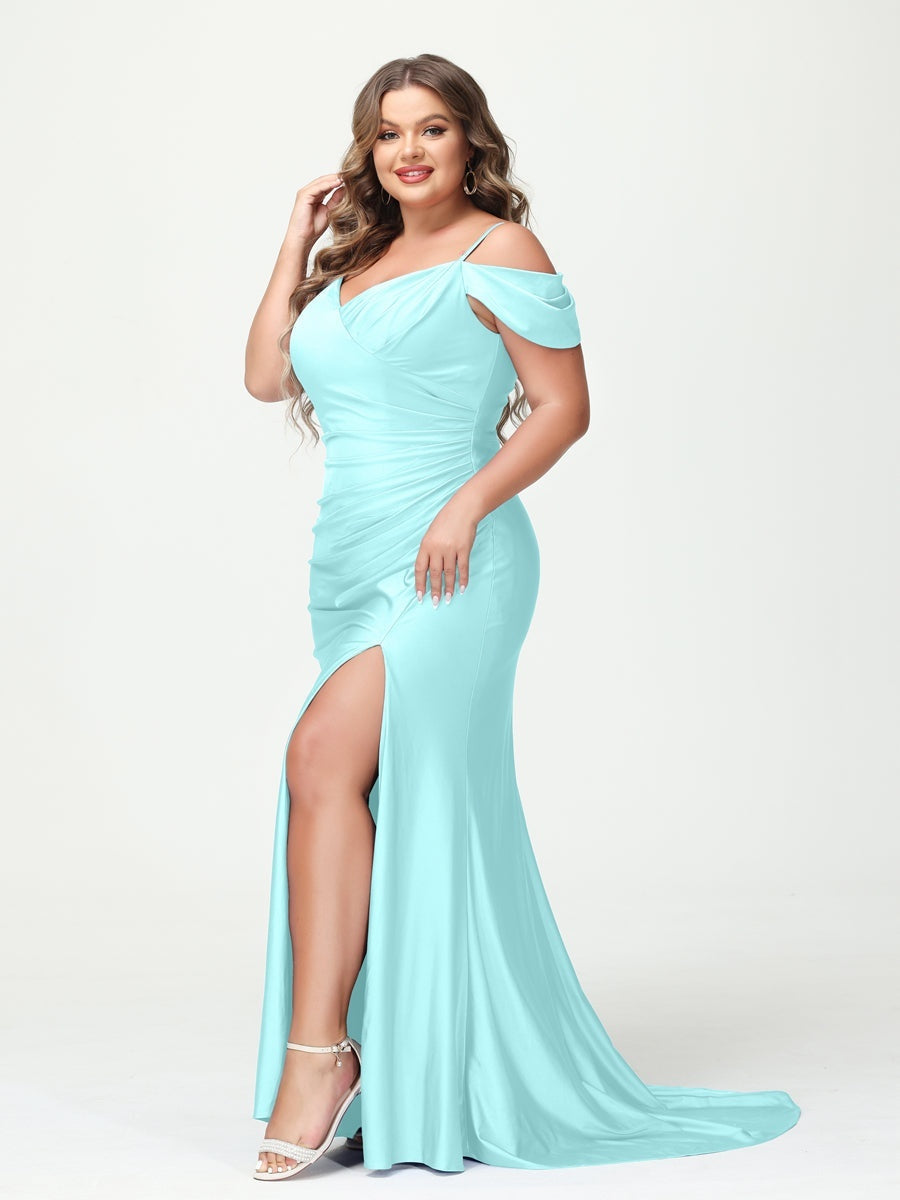 Plus Size V-Neck Mermaid Maxi Dress with Spaghetti Straps and Side Split