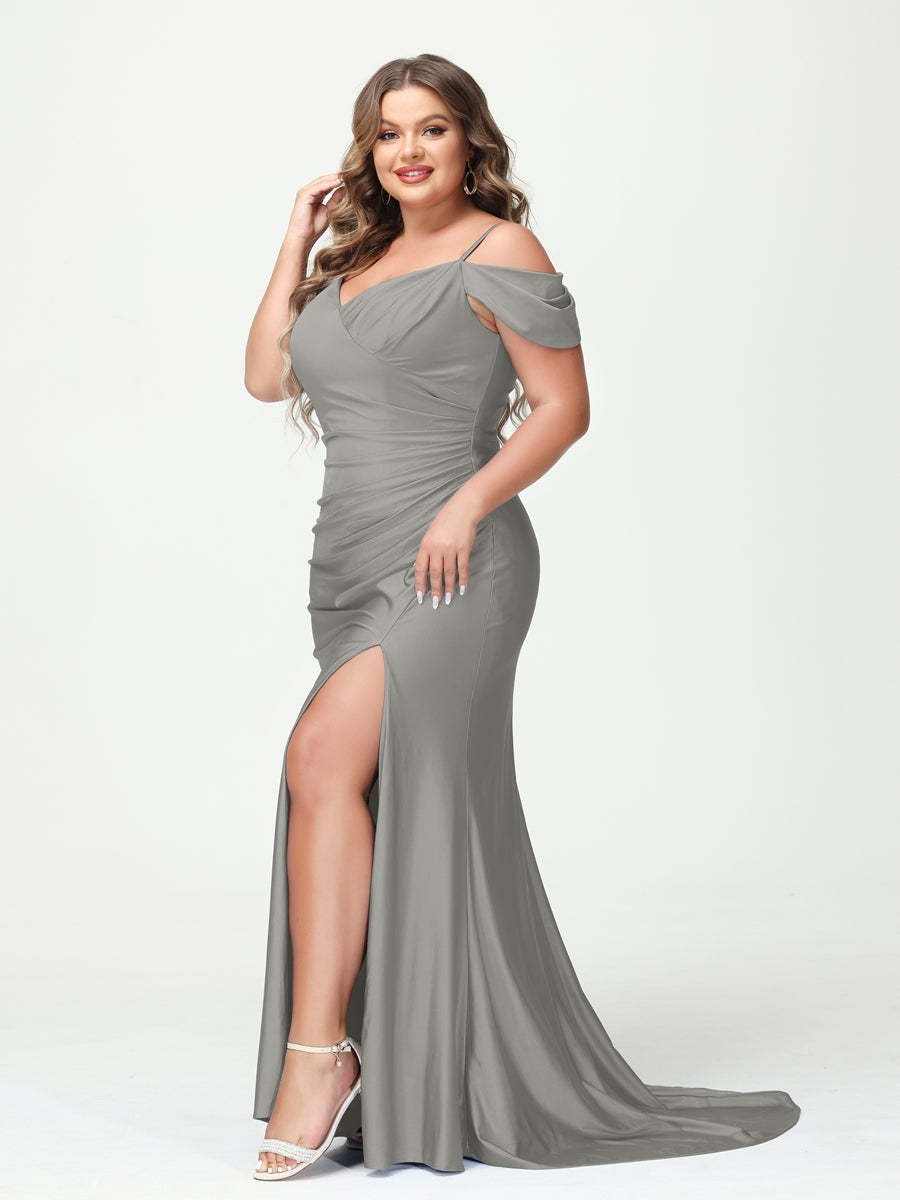 Plus Size V-Neck Mermaid Maxi Dress with Spaghetti Straps and Side Split