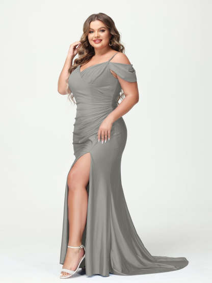 Plus Size V-Neck Mermaid Maxi Dress with Spaghetti Straps and Side Split