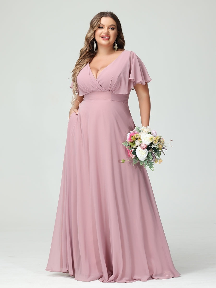 Plus Size Chiffon Bridesmaid Dresses with Pockets – A-Line/Princess V-Neck Short Sleeves