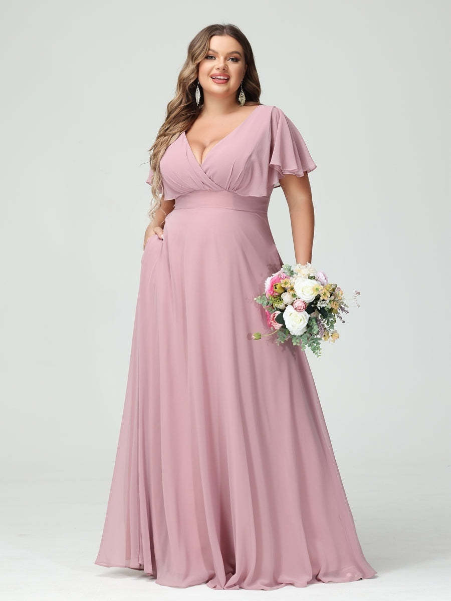 Plus Size Chiffon Bridesmaid Dresses with Pockets – A-Line/Princess V-Neck Short Sleeves