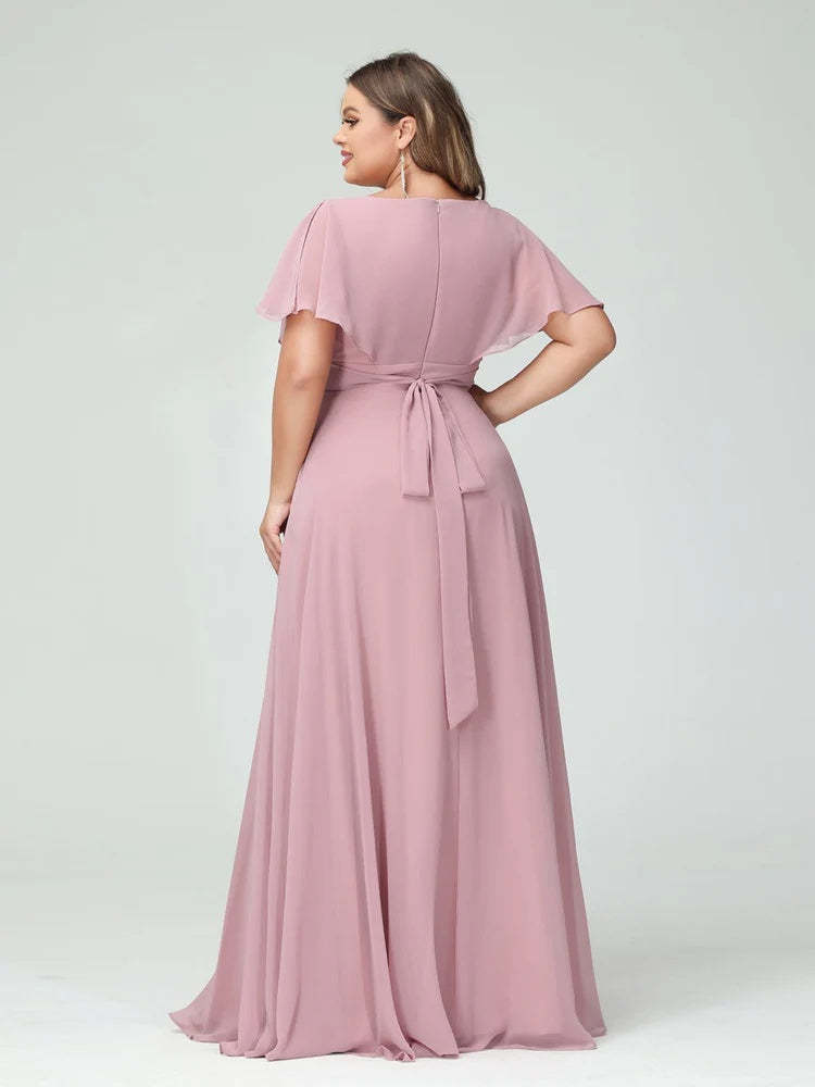 Plus Size Chiffon Bridesmaid Dresses with Pockets – A-Line/Princess V-Neck Short Sleeves