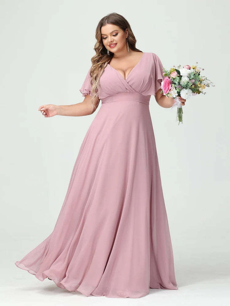 Plus Size Chiffon Bridesmaid Dresses with Pockets – A-Line/Princess V-Neck Short Sleeves