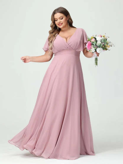 Plus Size Chiffon Bridesmaid Dresses with Pockets – A-Line/Princess V-Neck Short Sleeves