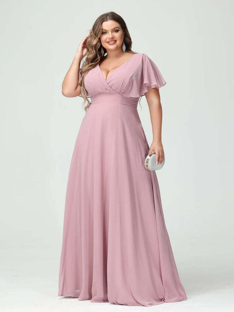 Plus Size Chiffon Bridesmaid Dresses with Pockets – A-Line/Princess V-Neck Short Sleeves