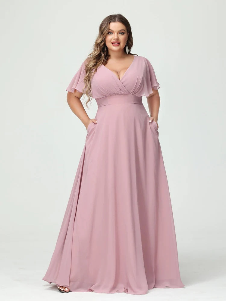 Plus Size Chiffon Bridesmaid Dresses with Pockets – A-Line/Princess V-Neck Short Sleeves