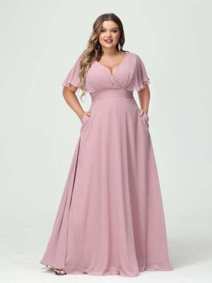 Plus Size Chiffon Bridesmaid Dresses with Pockets – A-Line/Princess V-Neck Short Sleeves