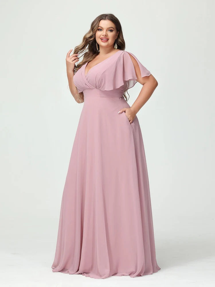 Plus Size Chiffon Bridesmaid Dresses with Pockets – A-Line/Princess V-Neck Short Sleeves