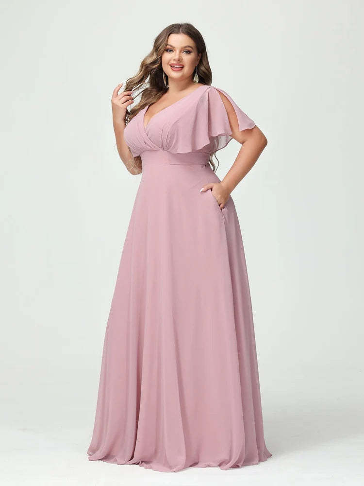 Plus Size Chiffon Bridesmaid Dresses with Pockets – A-Line/Princess V-Neck Short Sleeves