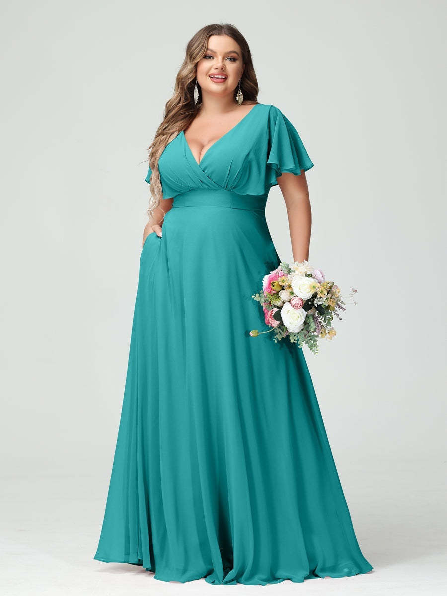 Plus Size Chiffon Bridesmaid Dresses with Pockets – A-Line/Princess V-Neck Short Sleeves