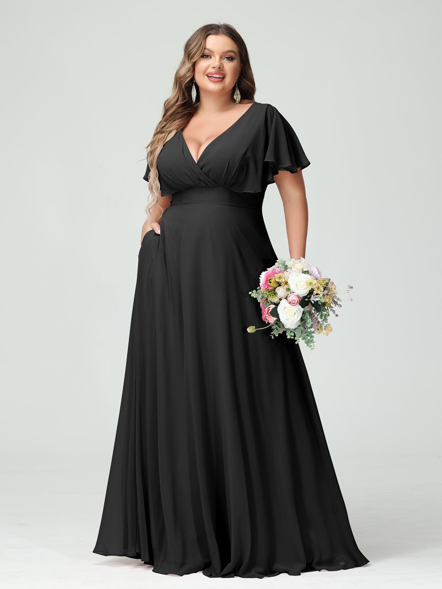 Plus Size Chiffon Bridesmaid Dresses with Pockets – A-Line/Princess V-Neck Short Sleeves