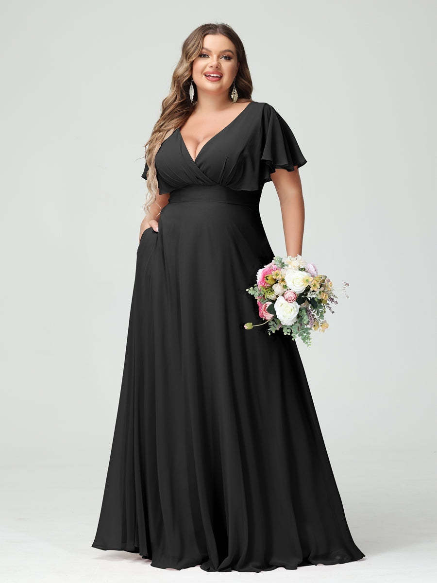 Plus Size Chiffon Bridesmaid Dresses with Pockets – A-Line/Princess V-Neck Short Sleeves