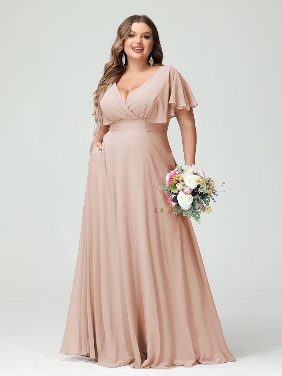Plus Size Chiffon Bridesmaid Dresses with Pockets – A-Line/Princess V-Neck Short Sleeves