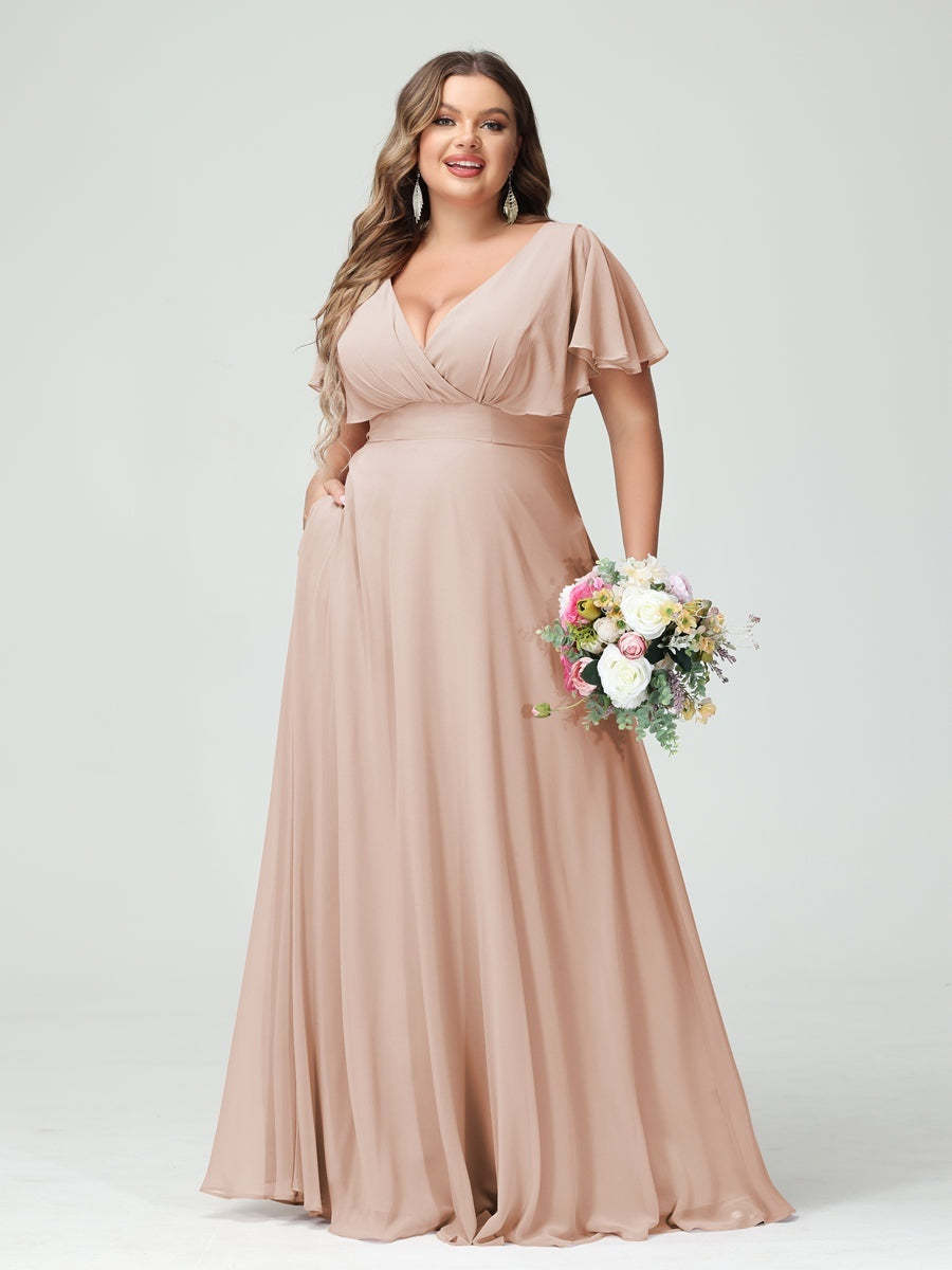 Plus Size Chiffon Bridesmaid Dresses with Pockets – A-Line/Princess V-Neck Short Sleeves