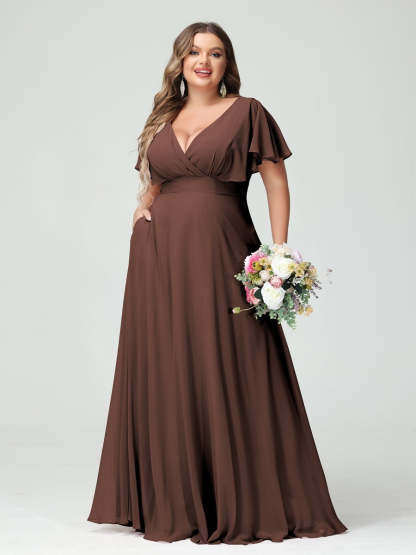 Plus Size Chiffon Bridesmaid Dresses with Pockets – A-Line/Princess V-Neck Short Sleeves
