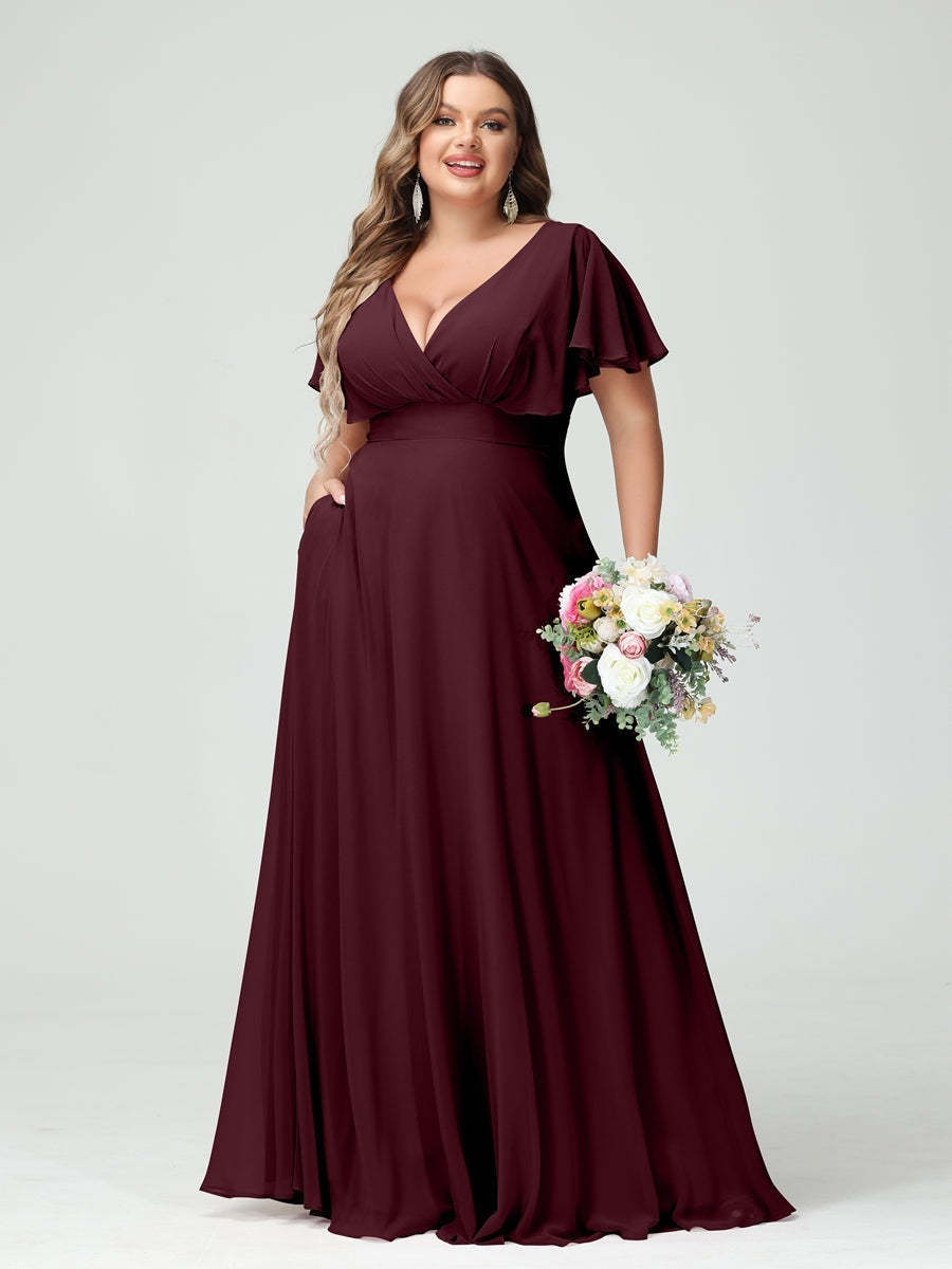 Plus Size Chiffon Bridesmaid Dresses with Pockets – A-Line/Princess V-Neck Short Sleeves