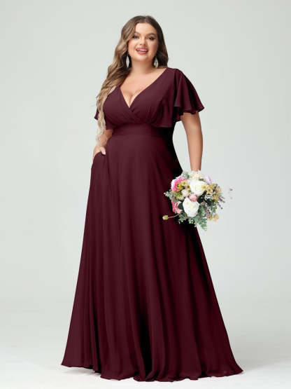 Plus Size Chiffon Bridesmaid Dresses with Pockets – A-Line/Princess V-Neck Short Sleeves