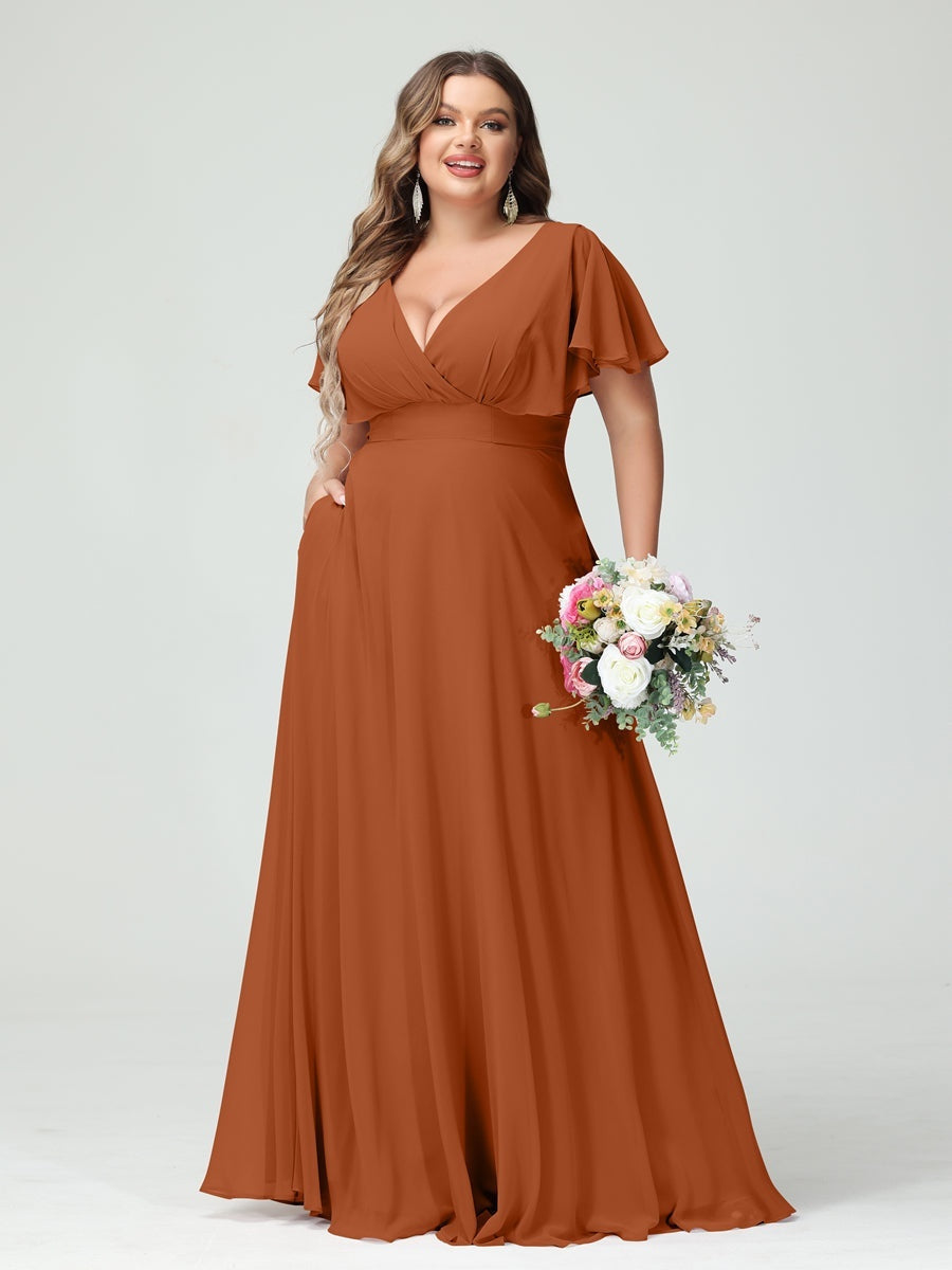Plus Size Chiffon Bridesmaid Dresses with Pockets – A-Line/Princess V-Neck Short Sleeves